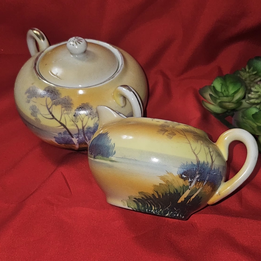 Vintage Set TT Takito Hand-painted Japanese Village Scene Cream & Sugar Bowl